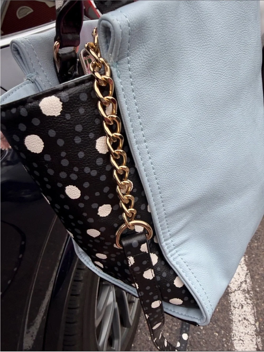 Betsey Johnson Light Blue Satchel with Black & White Polka Dot Accents